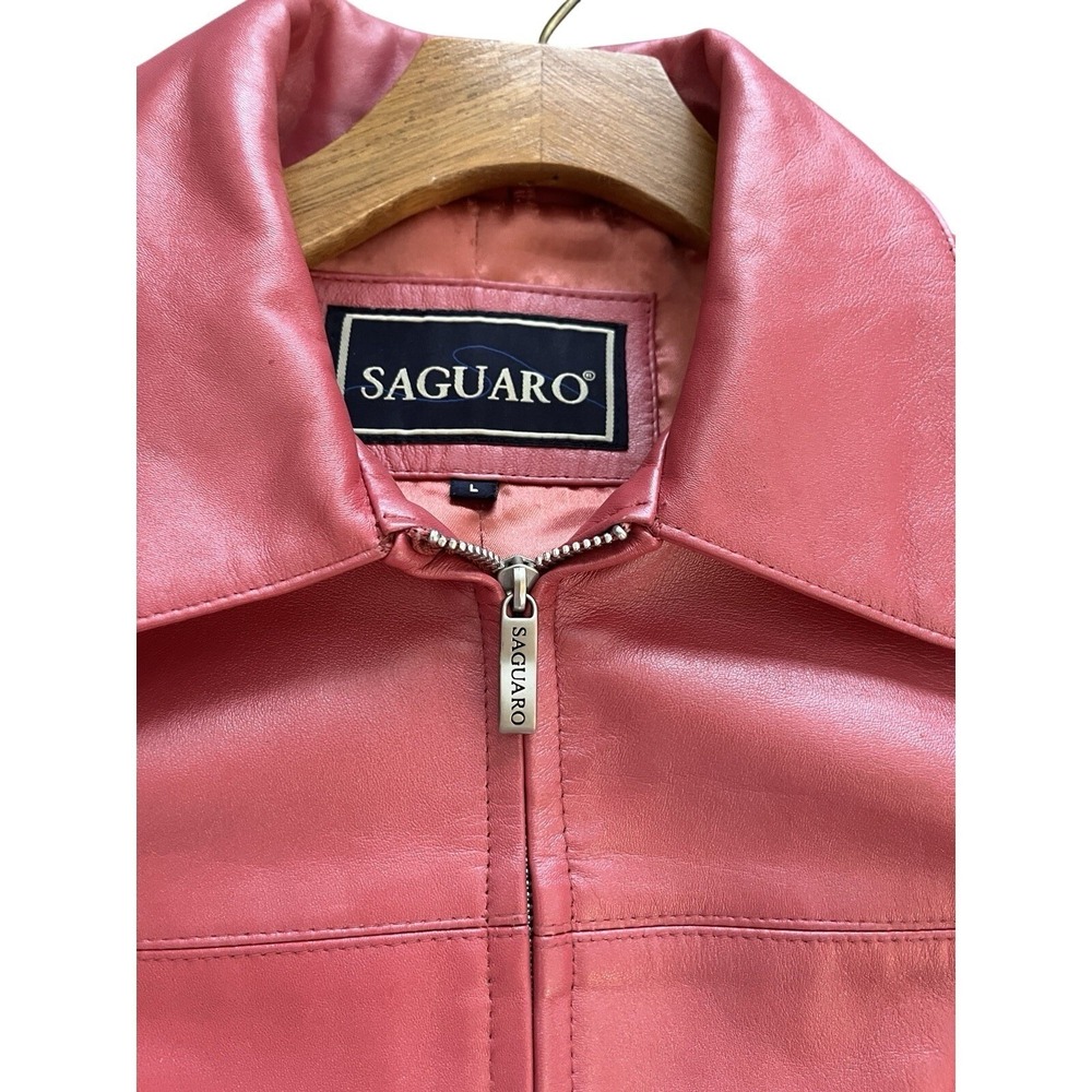 Women's Saguaro Hot Pink Leather Full Zip Moto Biker Leather Jacket Size Large - Picture 5 of 9